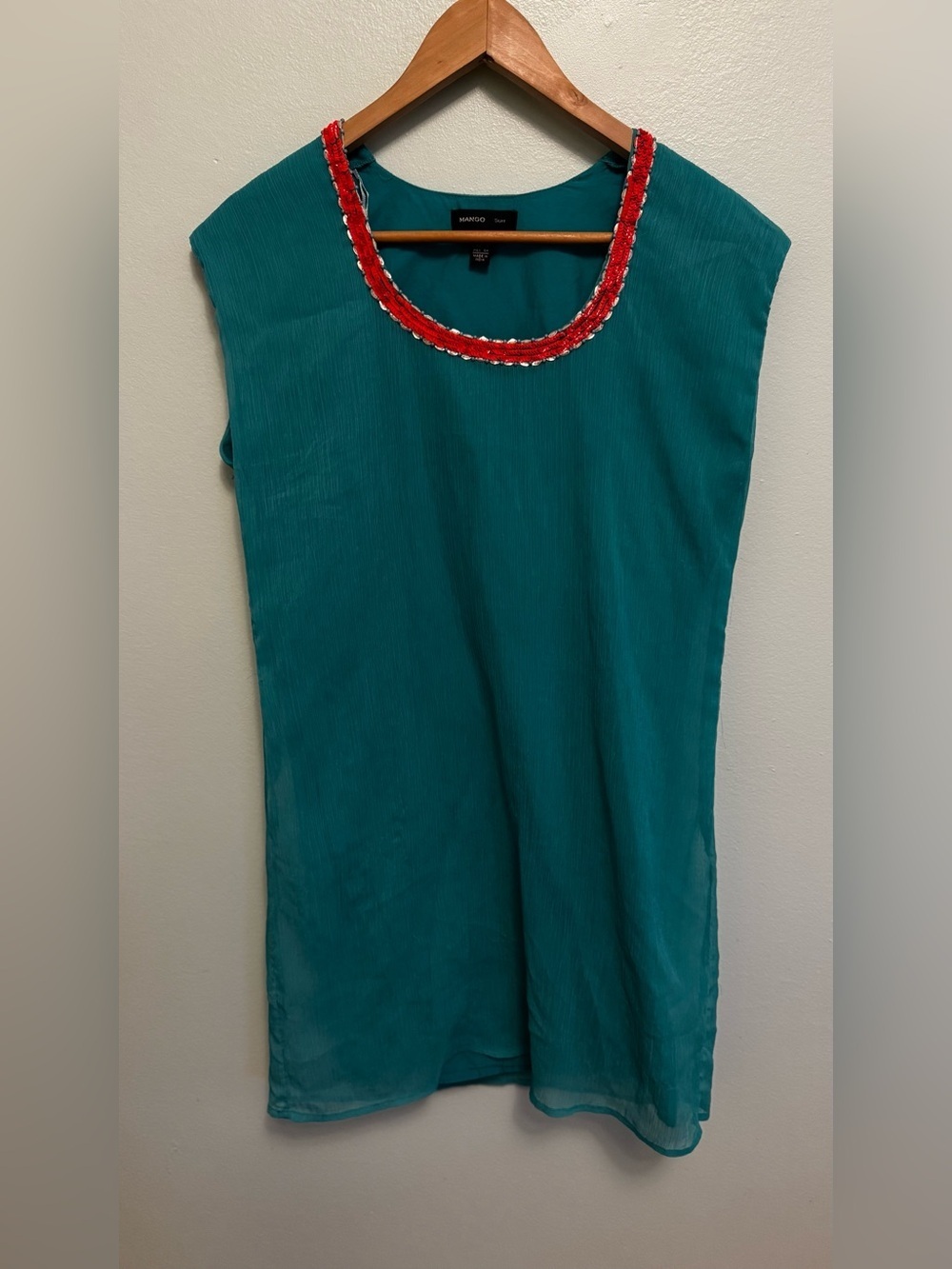 Mango Teal Cap-Sleeve Shift Top with Red Beaded Neckline